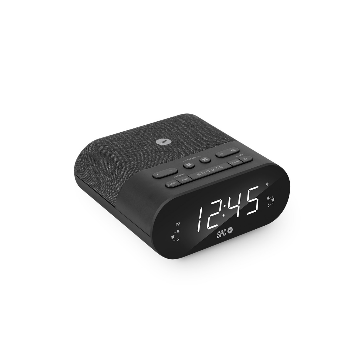Schwarzer digitaler Wecker mit Anzeige 12:45 Uhr. Mehrere Knöpfe.