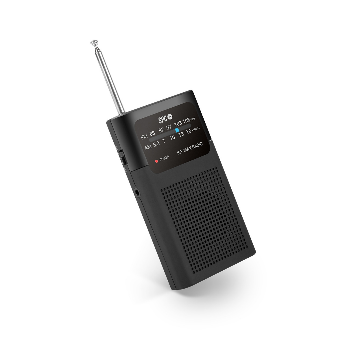 Czarny radioodbiornik SPC Icy Max z anteną. Ma wyświetlacz radia FM i AM z przyciskiem zasilania.
