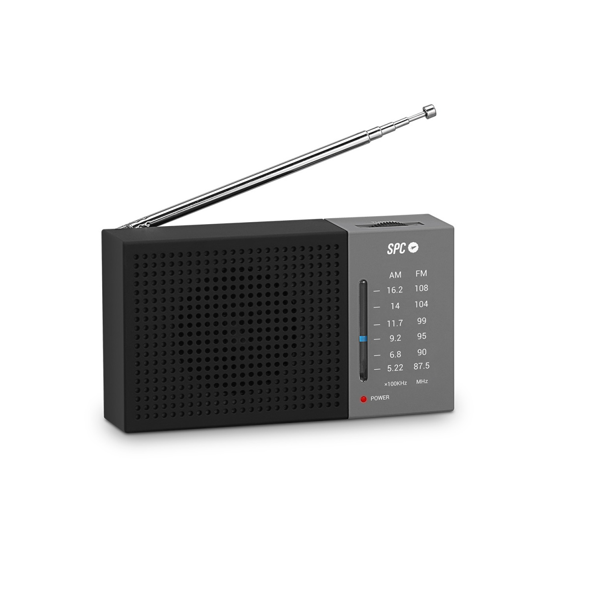 Radio SPC nera e grigia con antenna. Visualizza frequenze AM/FM e spia di alimentazione.