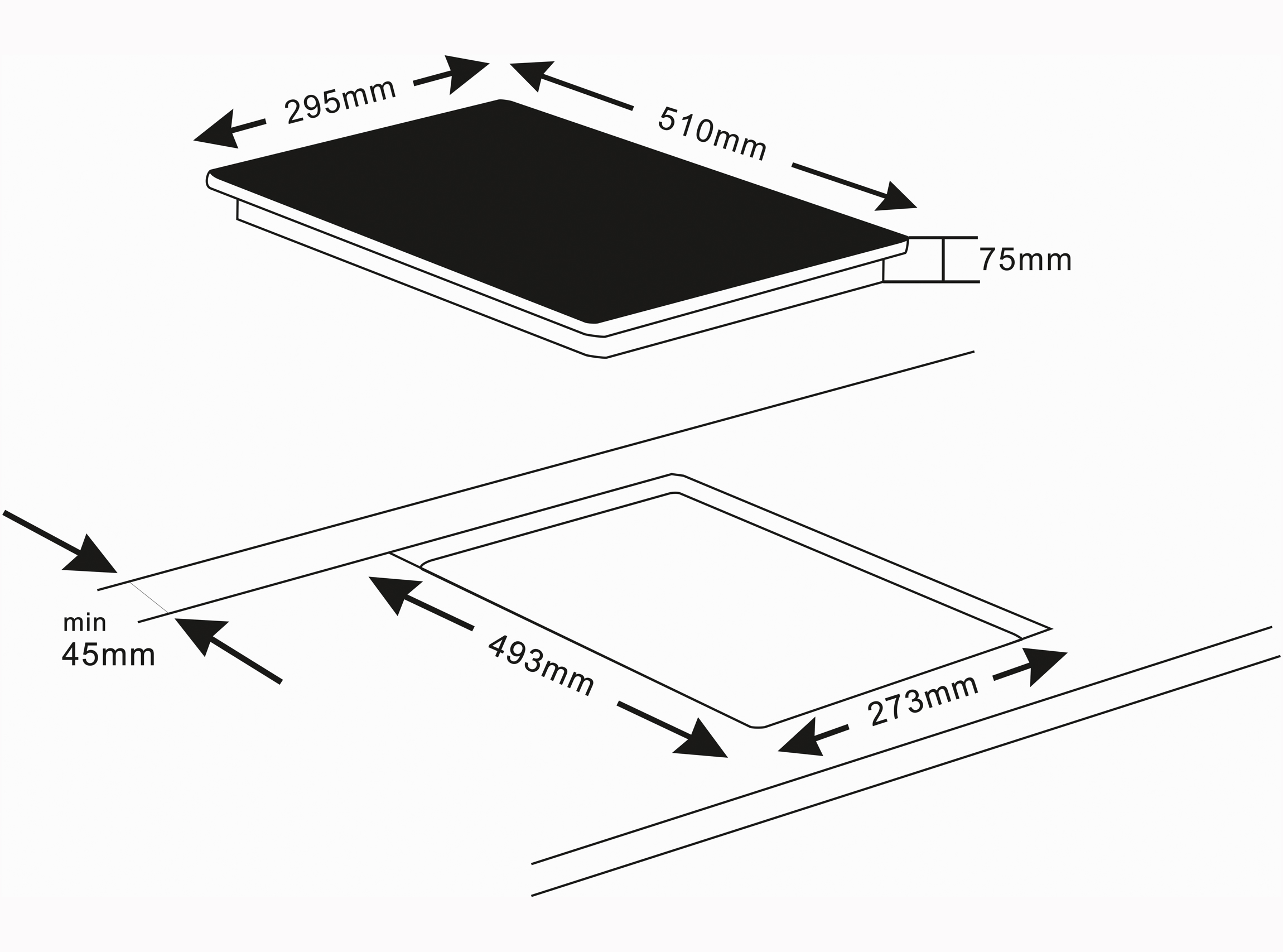 Schwarzes Kochfeld mit Maßangaben. Rechteckige Form mit schwarzer Oberfläche, Maße: 510mm x 295mm x 75mm.