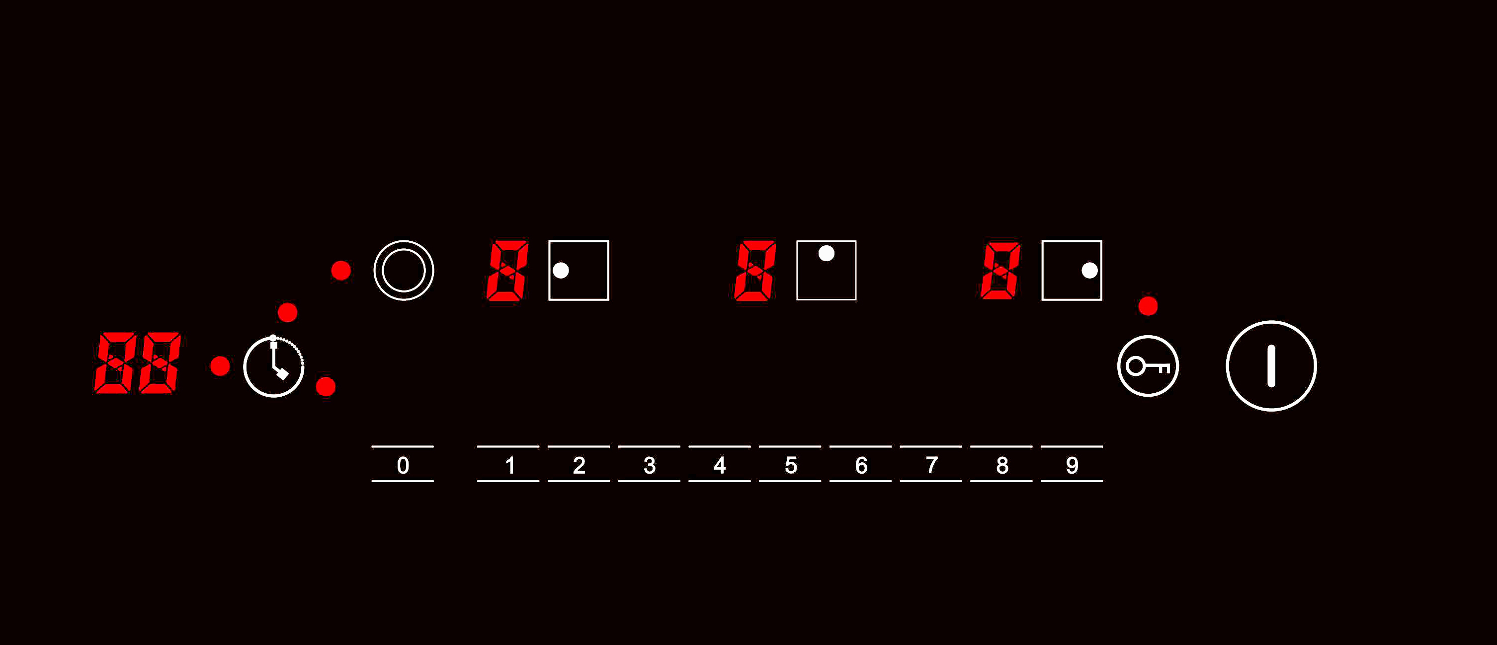 Schwarzes Panel mit roter Digitalanzeige. Zahlen und Symbole sind sichtbar.