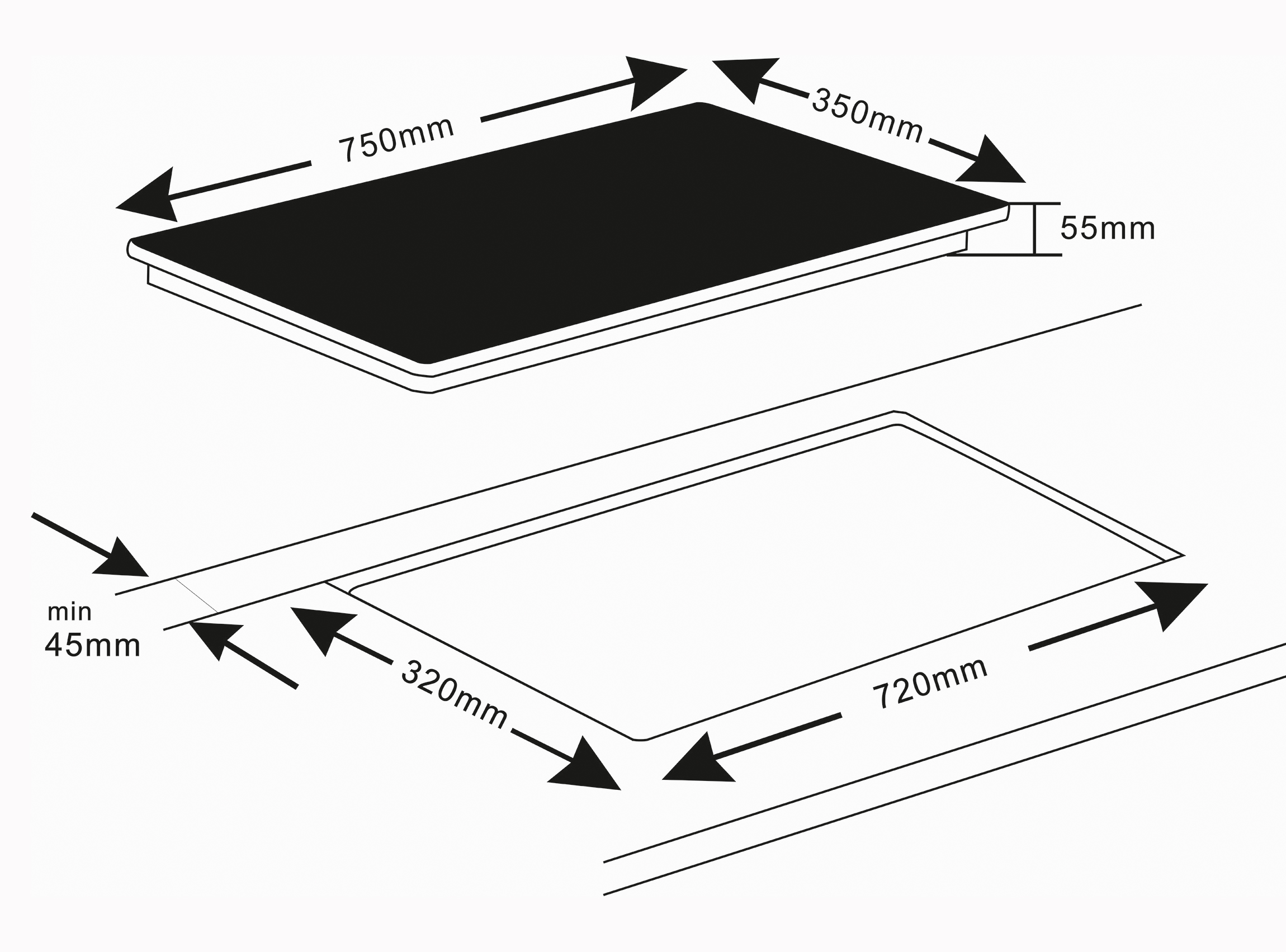Diagramm eines Kochfelds mit Abmessungen. Schwarze Oberseite, weiße Basis mit Maßen in mm.