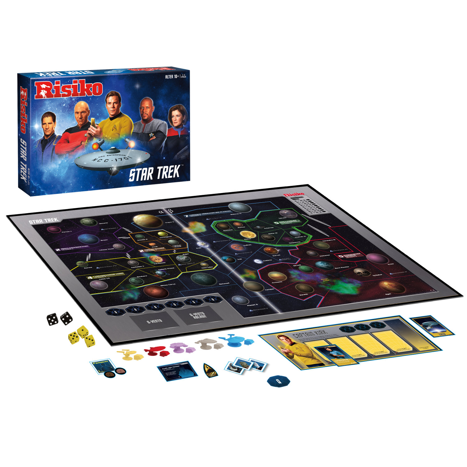 Star Trek Brettspiel. Schachtel, Spielbrett, Würfel, Karten und Spielsteine sichtbar.
