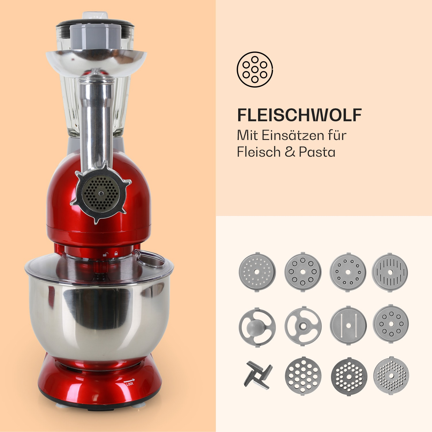 Ein roter und silberner Foodprozessor mit Aufsätzen für Fleisch und Pasta, mit Text und Symbolen.