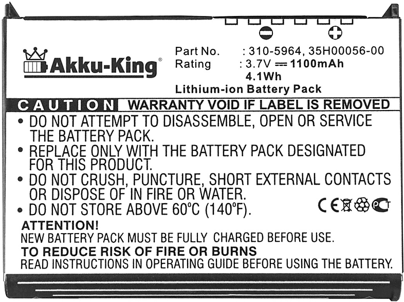 Handy-Akku, 1100mAh 3.7 Volt, mit kompatibel Dell Akku Li-Ion 310-5965 AKKU-KING