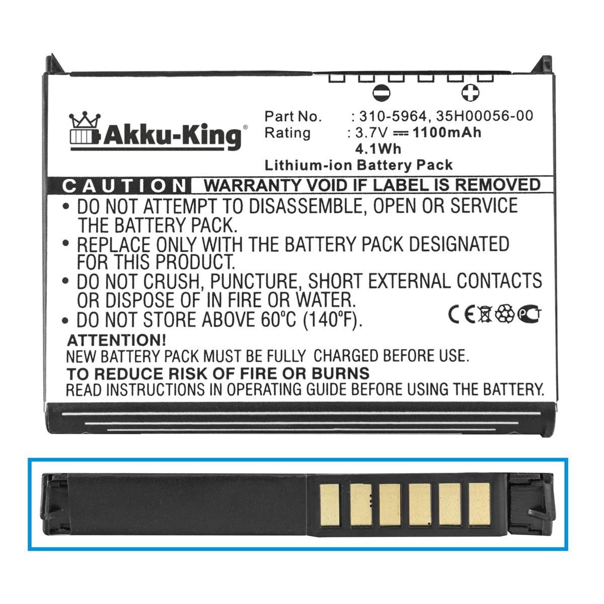 Handy-Akku, 1100mAh 3.7 Volt, mit kompatibel Dell Akku Li-Ion 310-5965 AKKU-KING