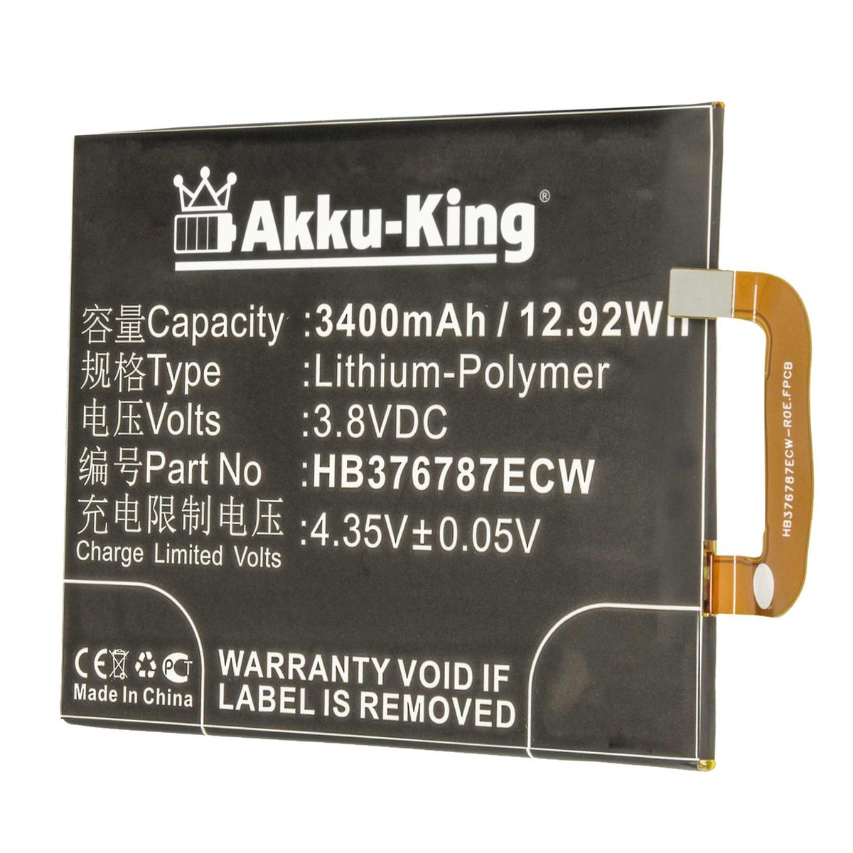 AKKU-KING kompatibel mit Handy-Akku, Huawei Li-Polymer HB376787ECW 3400mAh 3.8 Akku Volt,
