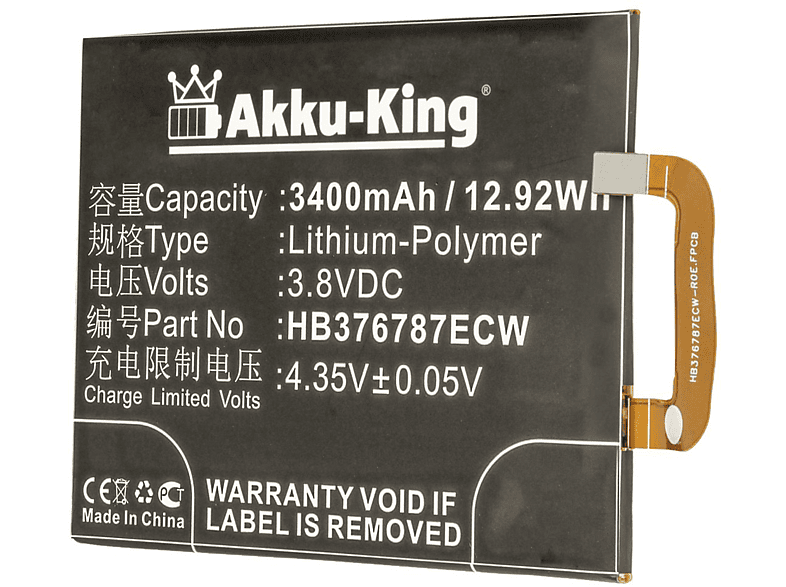 AKKU-KING Akku kompatibel mit Huawei HB376787ECW Li-Polymer Handy-Akku, 3.8 Volt, 3400mAh