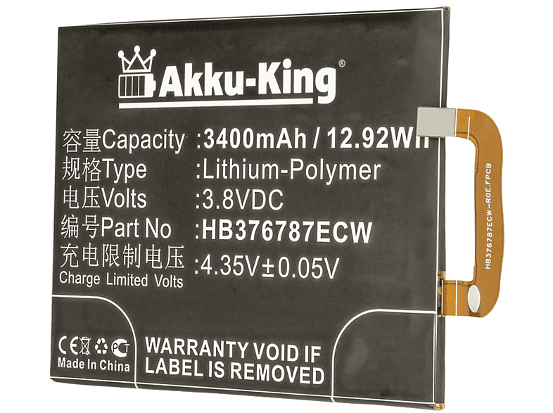 AKKU-KING kompatibel mit Handy-Akku, Huawei Li-Polymer HB376787ECW 3400mAh 3.8 Akku Volt,