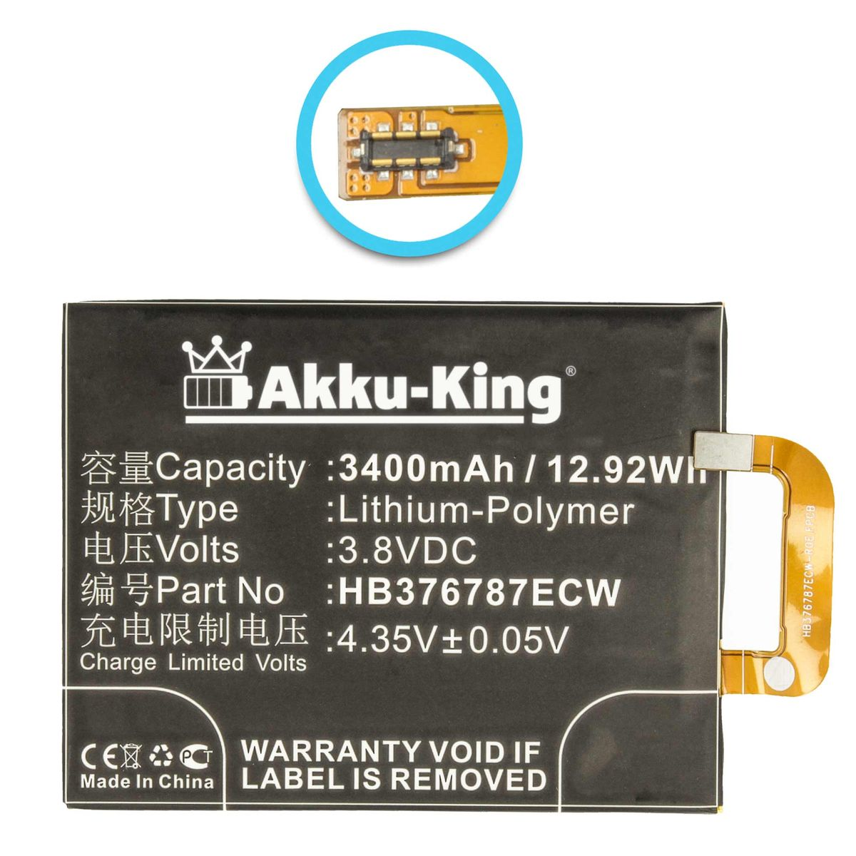 AKKU-KING kompatibel mit Handy-Akku, Huawei Li-Polymer HB376787ECW 3400mAh 3.8 Akku Volt,