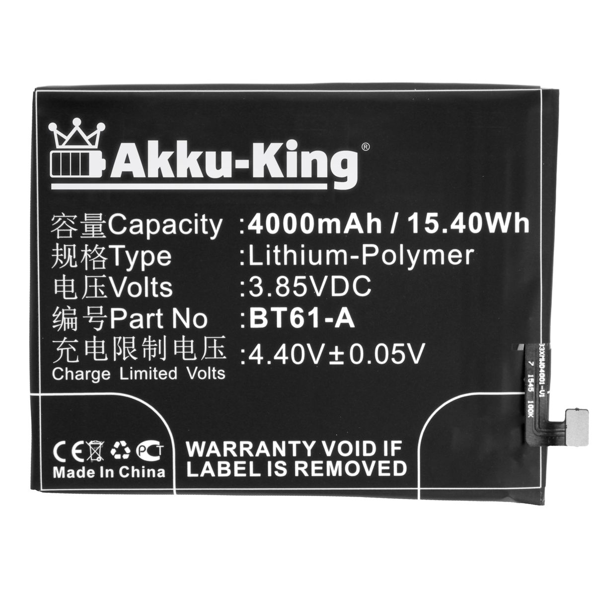 AKKU-KING Akku kompatibel mit Meizu Handy-Akku, 4000mAh 3.7 Volt, BT61-A Li-Polymer