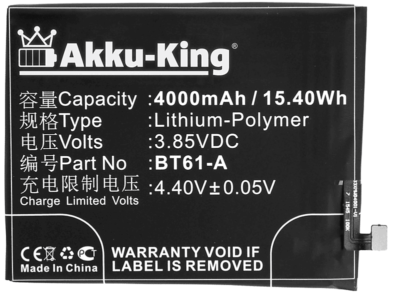 Akku Meizu BT61-A Volt, Handy-Akku, Li-Polymer mit 4000mAh 3.7 AKKU-KING kompatibel