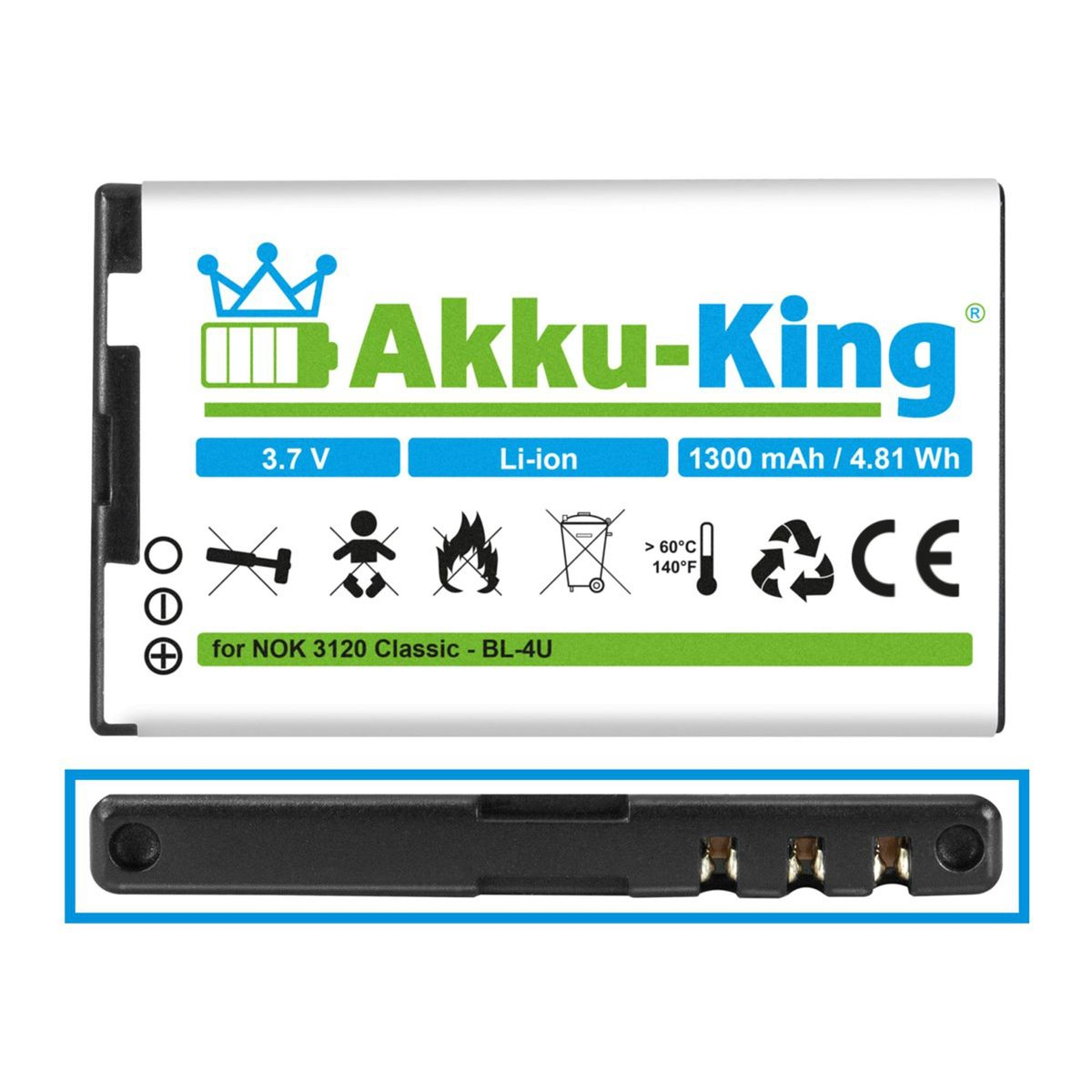 AKKU-KING Akku kompatibel Volt, Nokia Handy-Akku, 3.7 BL-4U Li-Ion mit 1300mAh