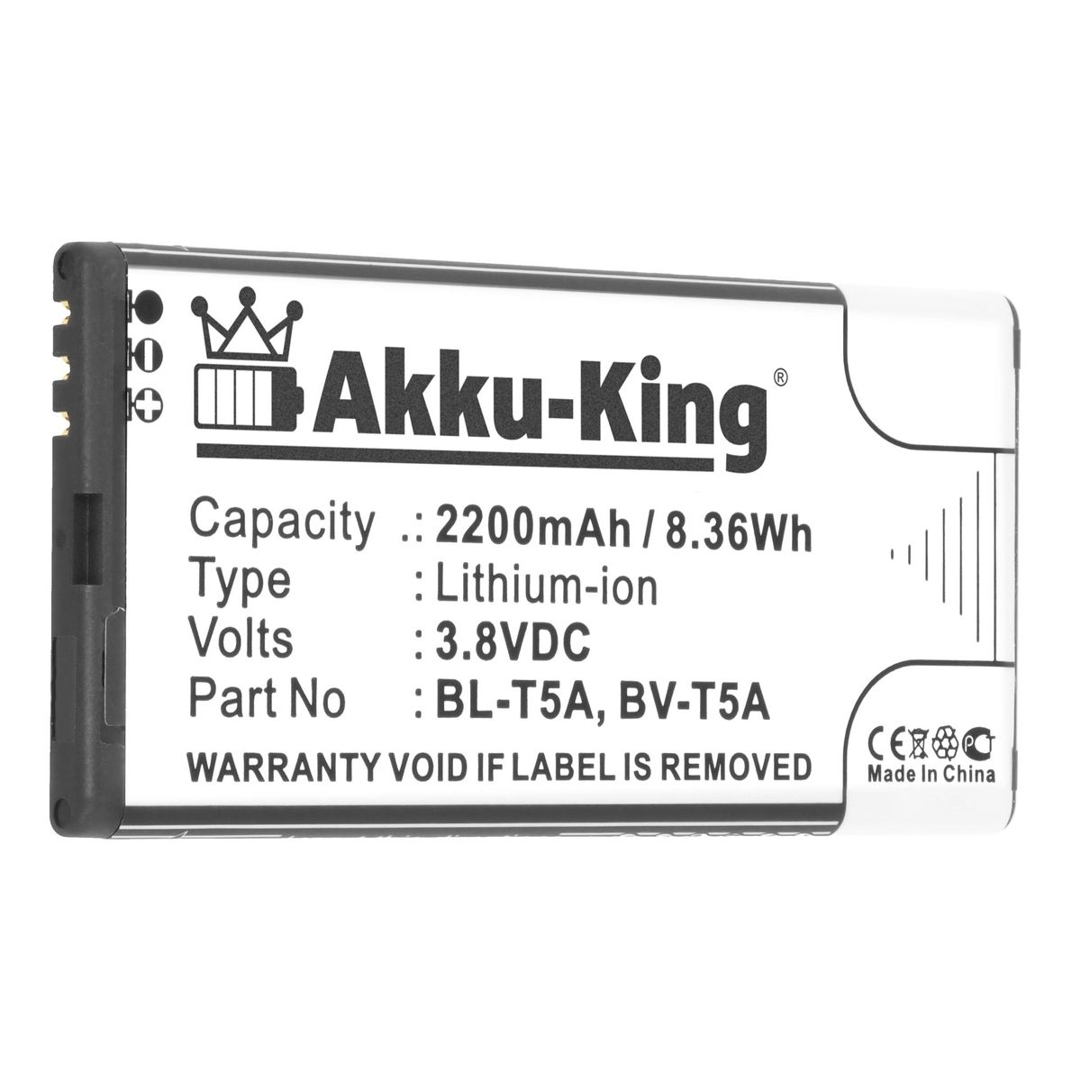 Volt, BV-T5A Akku Li-Ion 3.8 kompatibel mit Handy-Akku, AKKU-KING 2200mAh Nokia