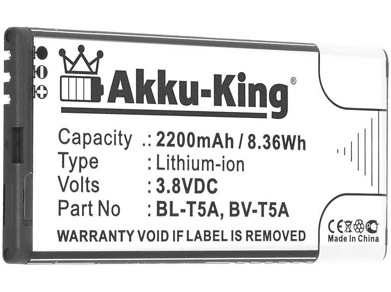 Handy-Akku, BV-T5A Nokia Volt, 3.8 Li-Ion 2200mAh Akku AKKU-KING mit kompatibel