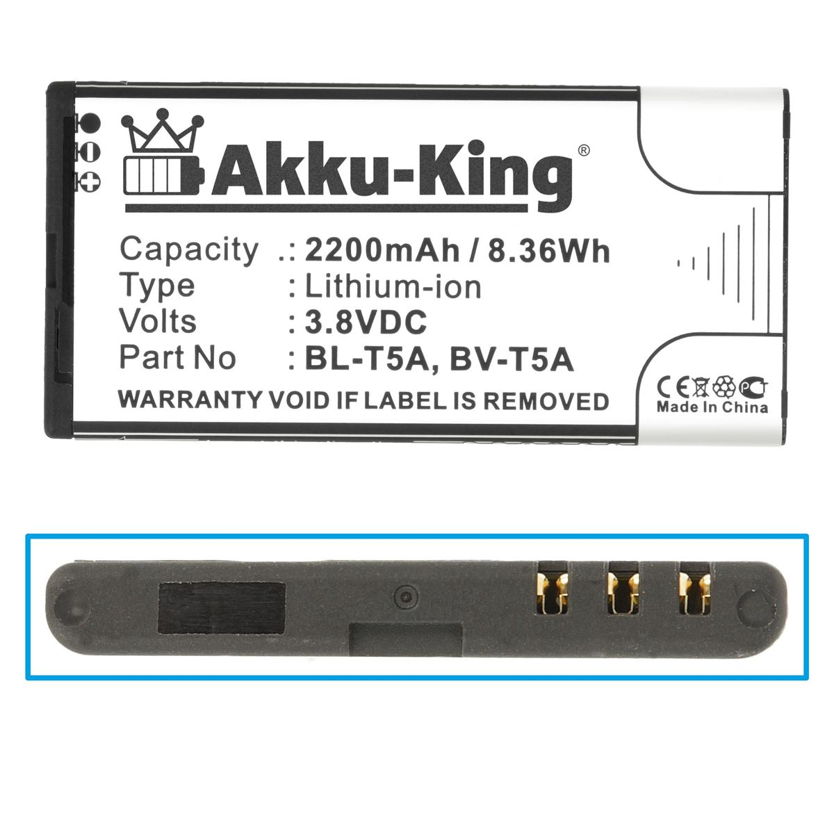 Handy-Akku, BV-T5A Nokia Volt, 3.8 Li-Ion 2200mAh Akku AKKU-KING mit kompatibel