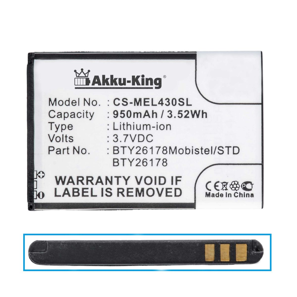 AKKU-KING Akku kompatibel mit Mobistel Li-Ion BTY26178 3.7 950mAh Handy-Akku, Volt