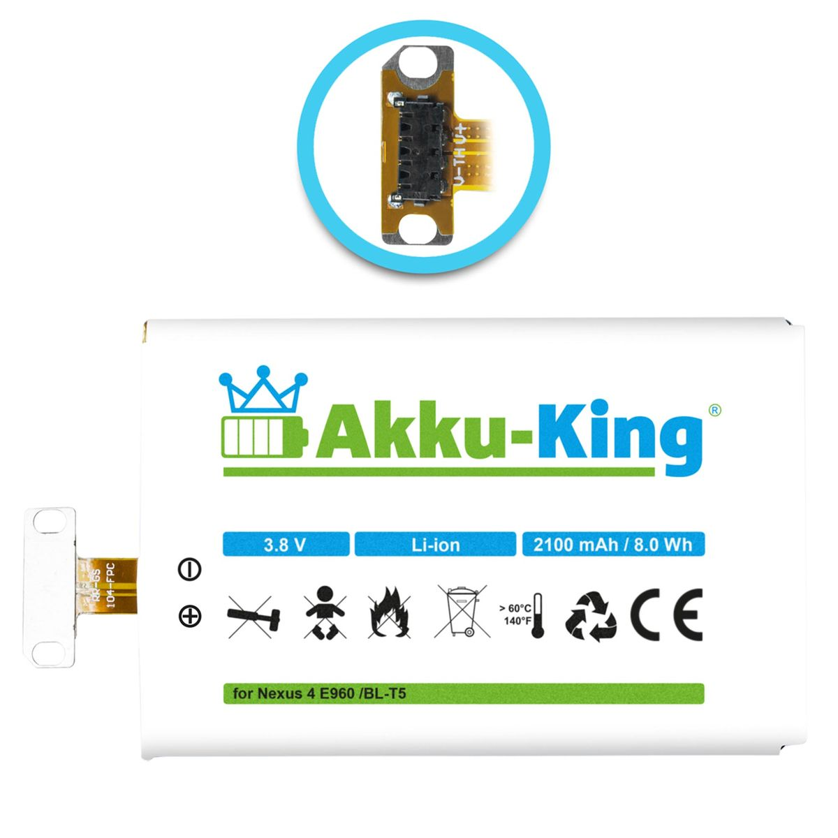 3.8 mit 2100mAh Handy-Akku, Akku Li-Ion BL-T5 AKKU-KING Volt, kompatibel LG