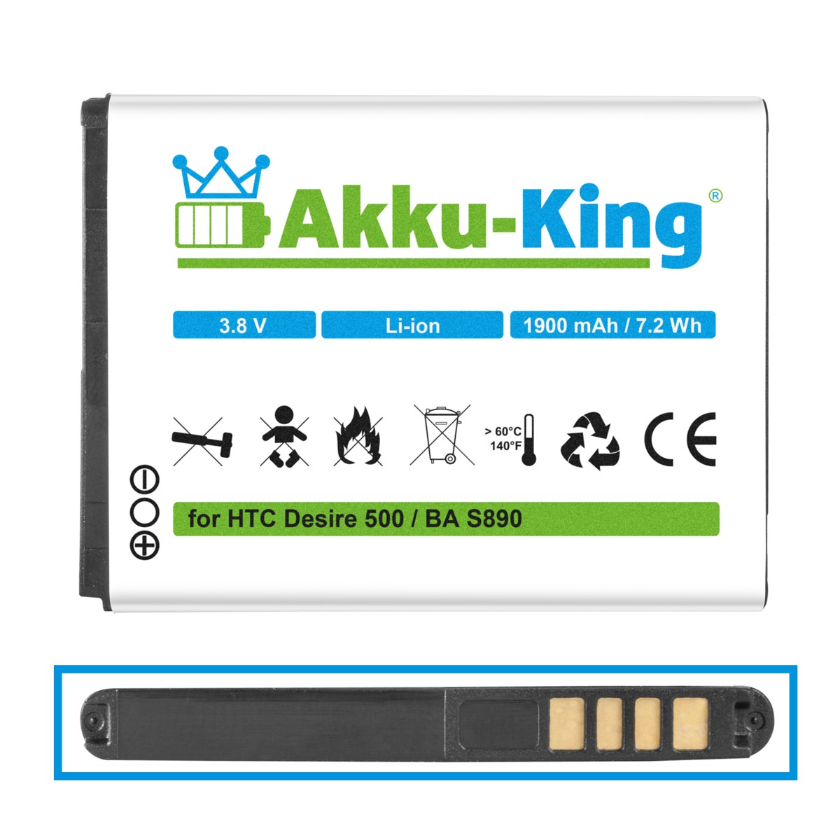 AKKU-KING Akku kompatibel S8900 3.8 mit HTC BA Volt, Handy-Akku, 1900mAh Li-Ion