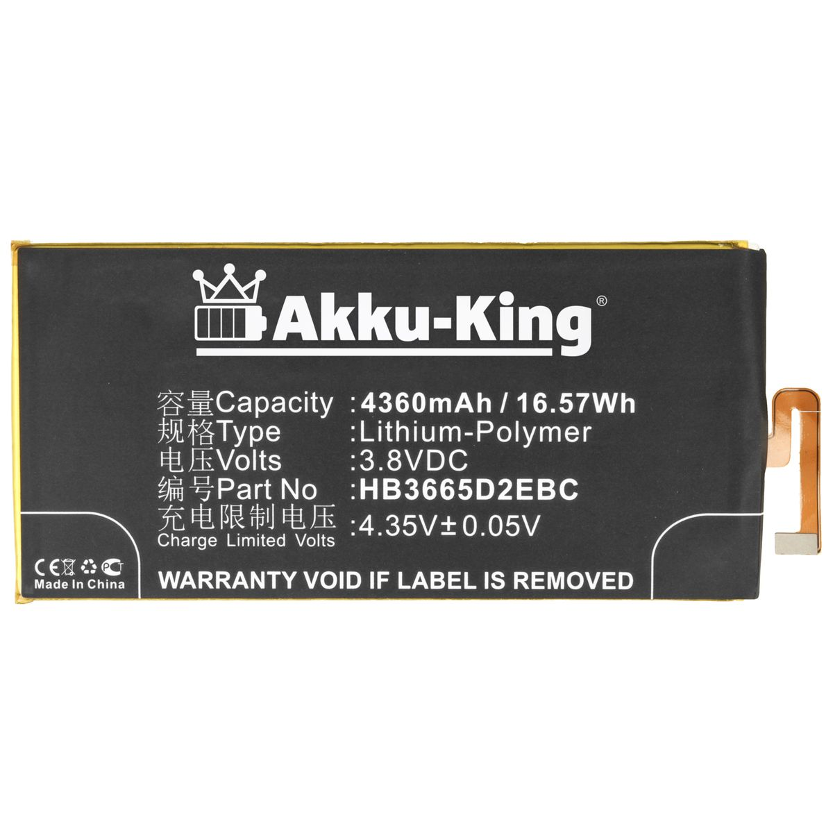 AKKU-KING Akku kompatibel mit Li-Polymer 3.8 Huawei Volt, 4360mAh Handy-Akku, HB3665D2EBC