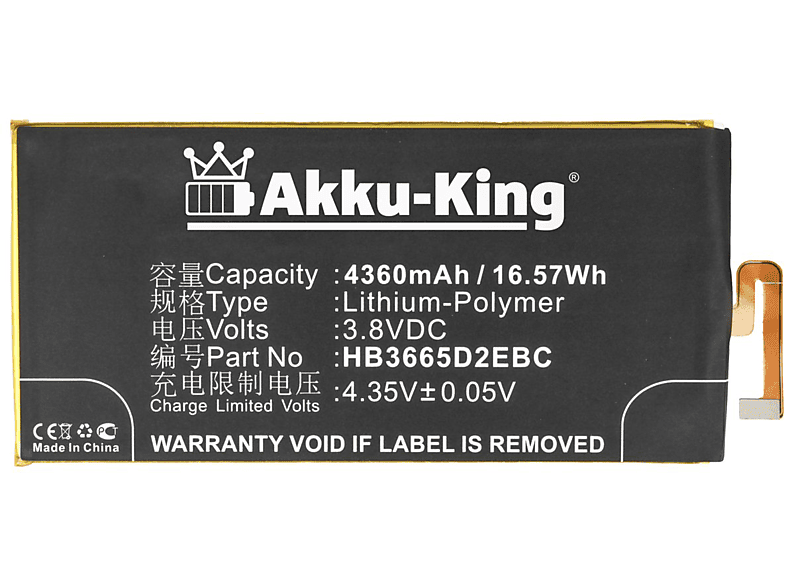 AKKU-KING Akku kompatibel mit Huawei HB3665D2EBC Li-Polymer Handy-Akku, 3.8 Volt, 4360mAh