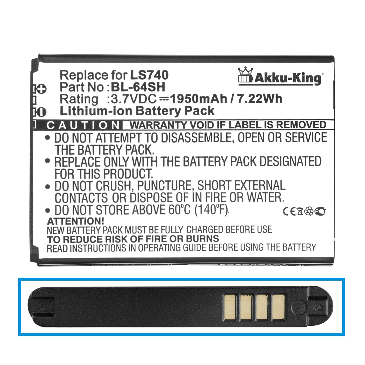 Handy-Akku, kompatibel LG AKKU-KING mit Li-Ion 3.7 1950mAh BL-64SH Akku Volt,