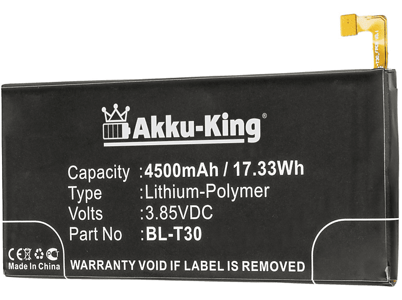 Li-Polymer 3.85 mit Volt, BL-T30 Akku AKKU-KING 4500mAh Handy-Akku, kompatibel LG