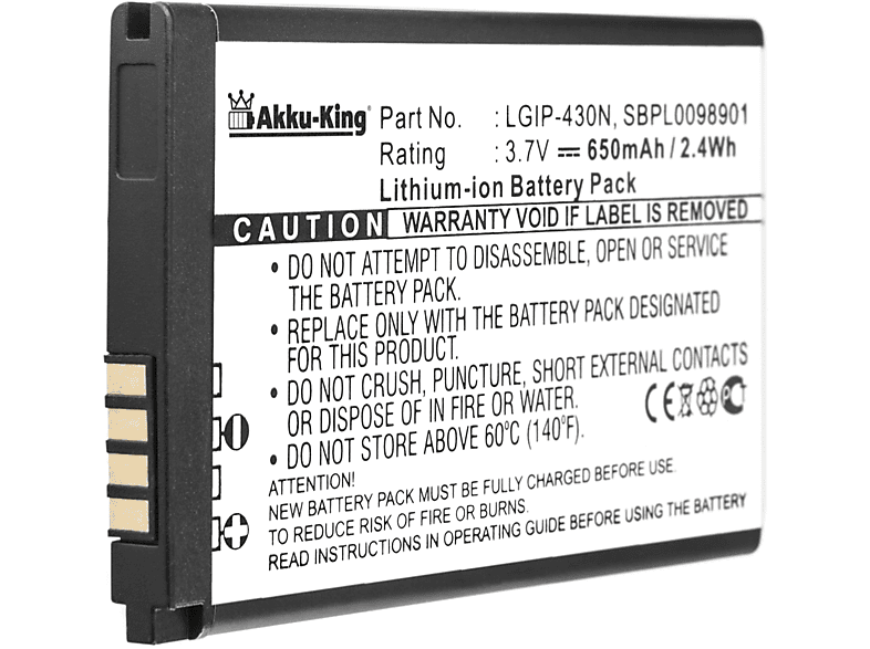 AKKU-KING Akku kompatibel LG Li-Ion LGiP-430N Handy-Akku, mit 650mAh Volt, 3.7