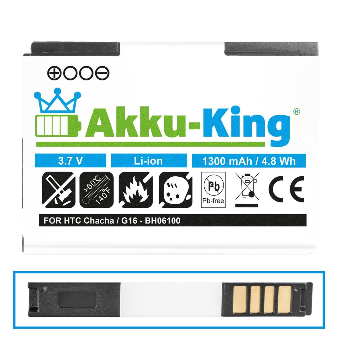 Volt, 1300mAh Akku AKKU-KING Li-Ion Handy-Akku, HTC BA-S570 mit 3.7 kompatibel