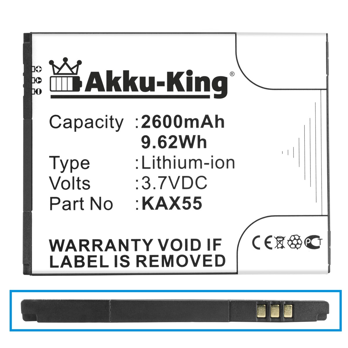 Handy-Akku, 2600mAh Li-Ion KAX55 Akku mit 3.7 Volt, AKKU-KING Kazam kompatibel