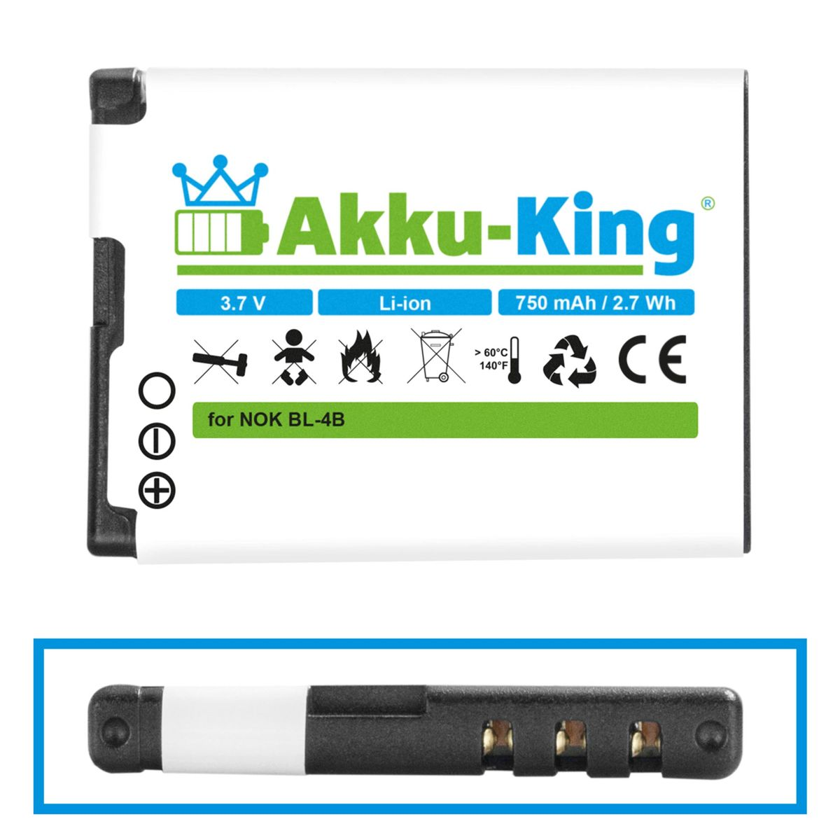3.7 AKKU-KING Li-Ion Akku 850mAh Nokia mit BL-4B Handy-Akku, kompatibel Volt,