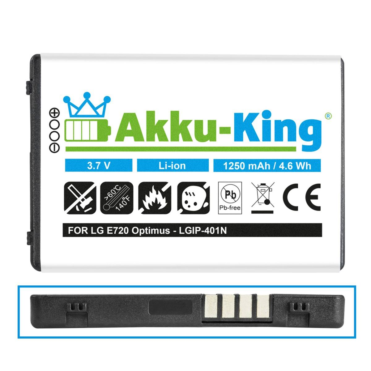 LG Li-Ion Akku mit Handy-Akku, 3.7 kompatibel 1250mAh Volt, AKKU-KING LGIP-401N