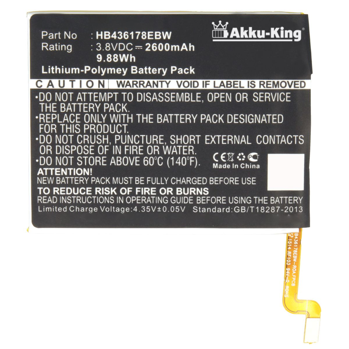 Handy-Akku, Li-Polymer AKKU-KING Akku 2600mAh HB436178EBW 3.8 Volt, mit kompatibel Huawei