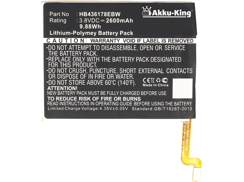 AKKU-KING Akku kompatibel mit 2600mAh Volt, Li-Polymer Huawei Handy-Akku, HB436178EBW 3.8