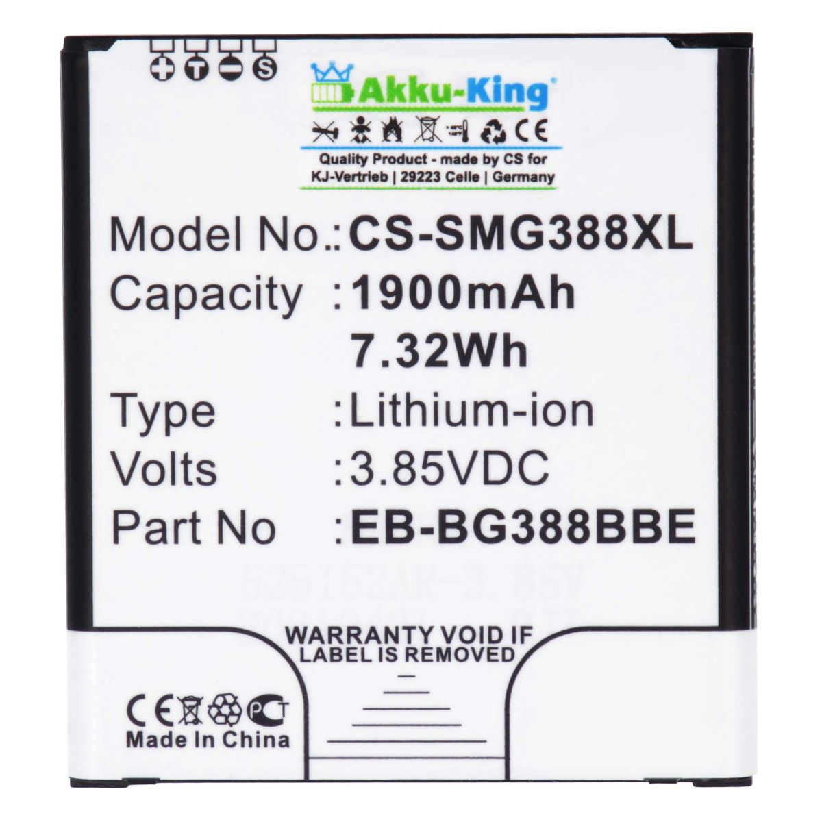 EB-BG388BBE Handy-Akku, Volt, kompatibel mit AKKU-KING Li-Ion 3.85 Akku 1900mAh Samsung