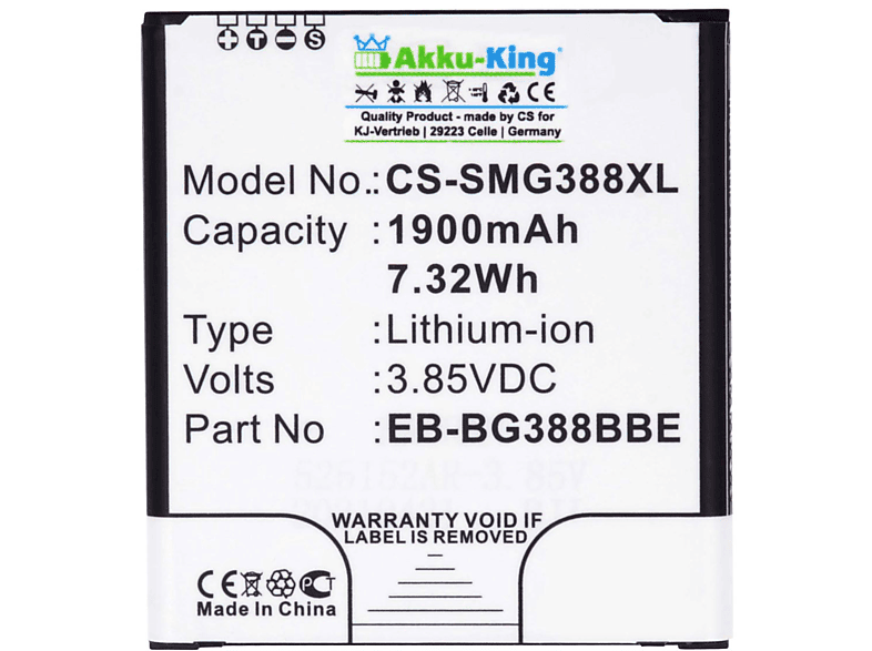 AKKU-KING Akku kompatibel mit Samsung EB-BG388BBE Li-Ion Handy-Akku, 3.85 Volt, 1900mAh