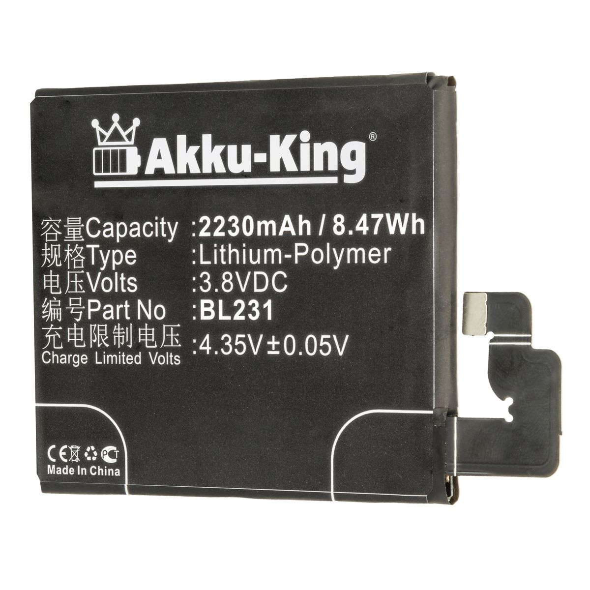 AKKU-KING Akku kompatibel mit Lenovo 3.8 Volt, Handy-Akku, Li-Polymer BL231 2230mAh