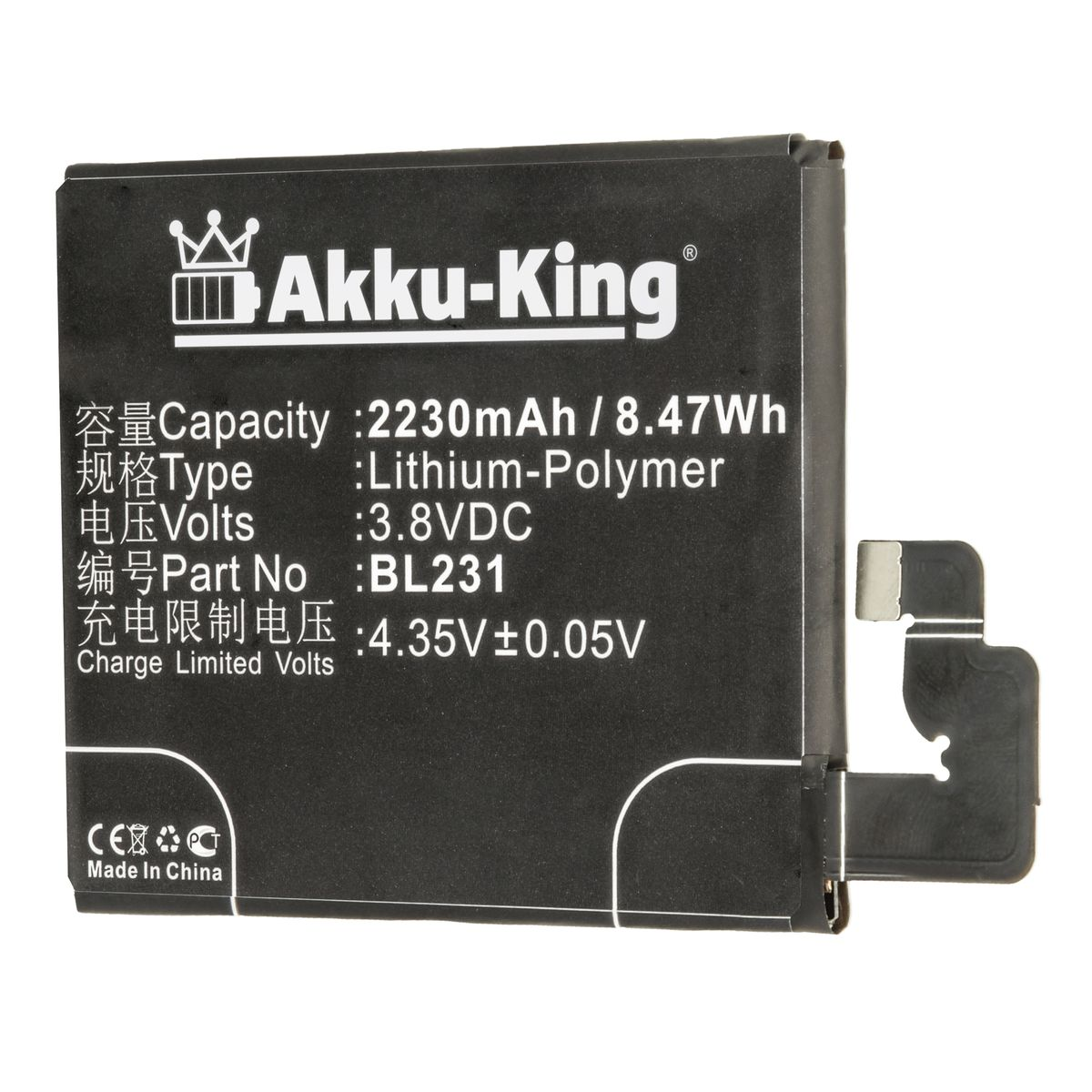 3.8 AKKU-KING Akku mit 2230mAh kompatibel BL231 Li-Polymer Volt, Handy-Akku, Lenovo