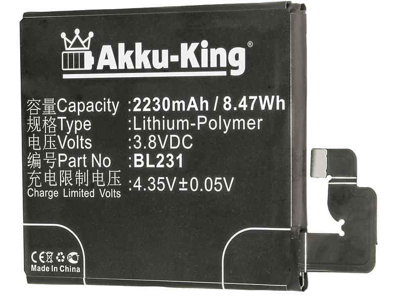 AKKU-KING Akku kompatibel mit Lenovo BL231 Li-Polymer Handy-Akku, 3.8 Volt, 2230mAh