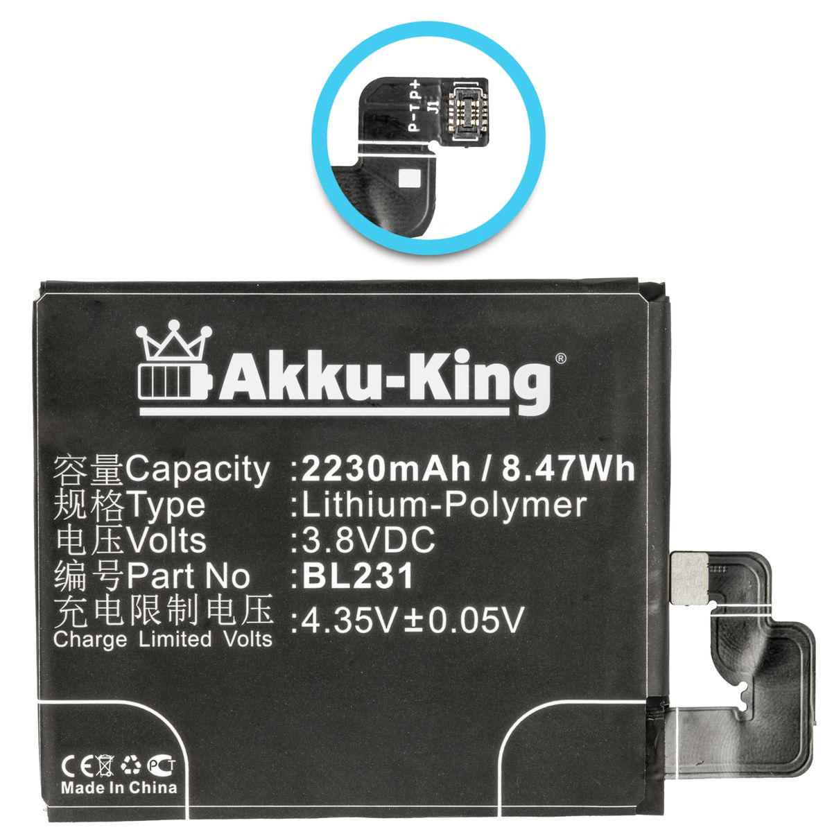 3.8 AKKU-KING Akku mit 2230mAh kompatibel BL231 Li-Polymer Volt, Handy-Akku, Lenovo