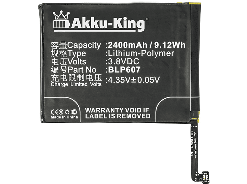 AKKU-KING Akku kompatibel mit Oneplus BLP607 Li-Polymer Handy-Akku, 3.8 Volt, 2400mAh