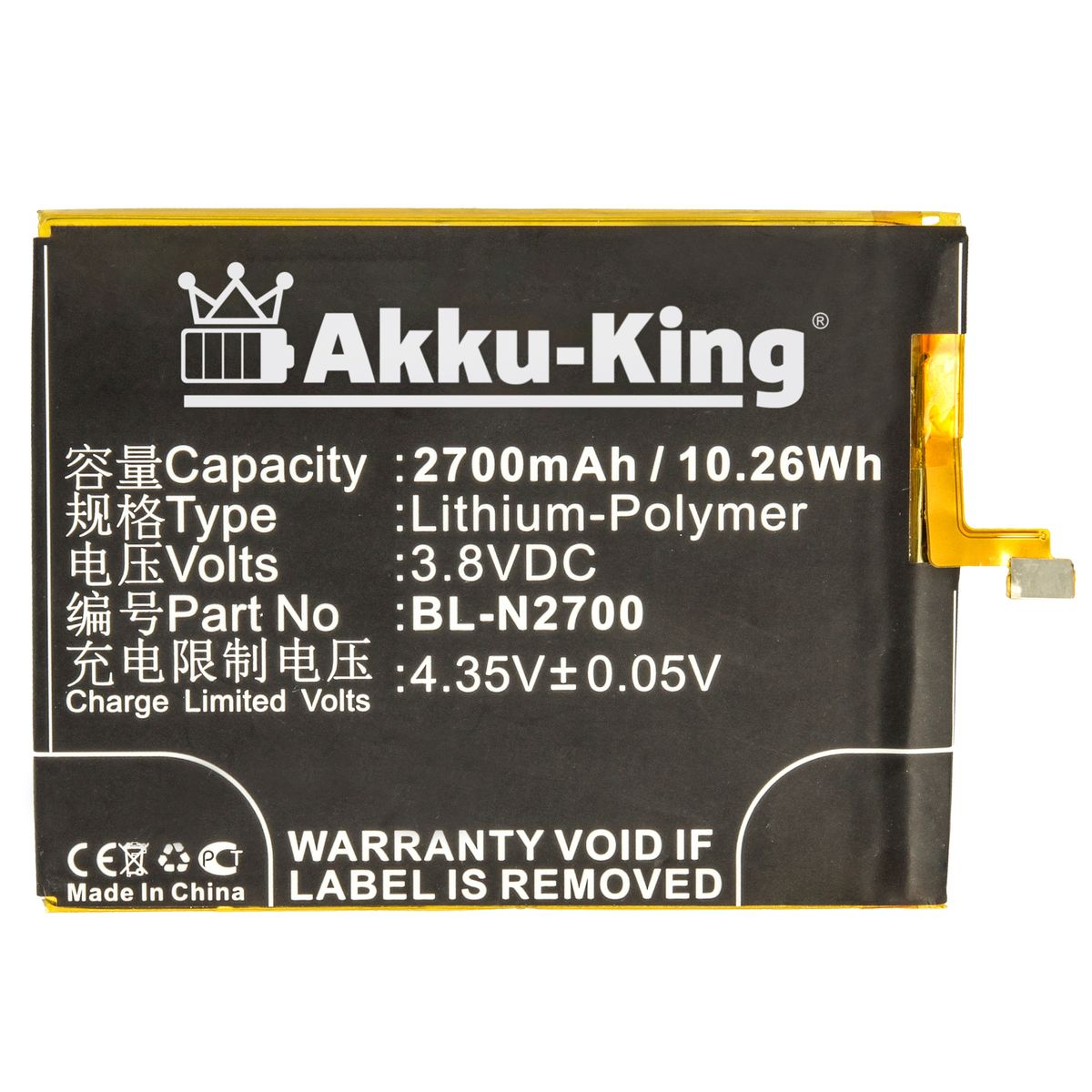 AKKU-KING Akku kompatibel Kazam Handy-Akku, 3.8 Volt, Li-Polymer mit BL-N2700 2700mAh