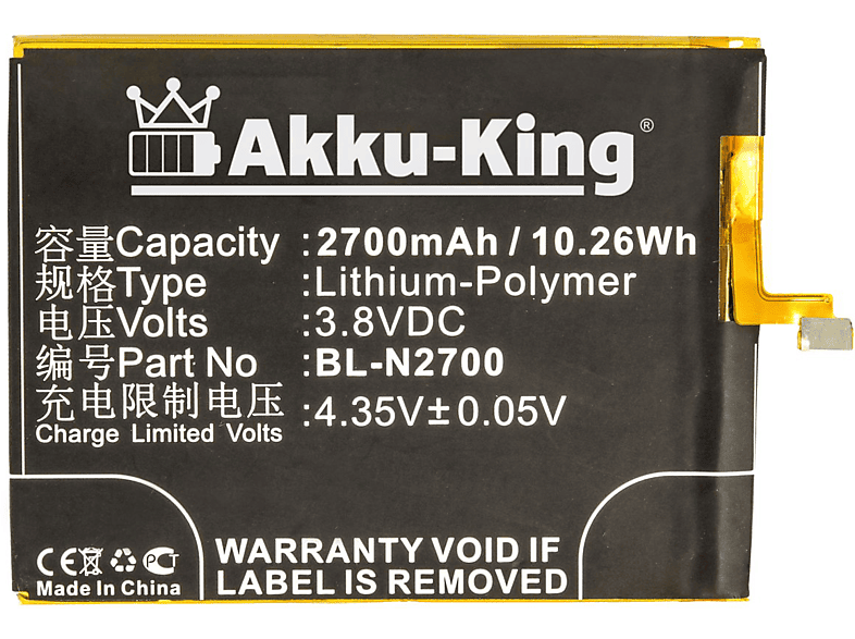 AKKU-KING Akku kompatibel mit Kazam BL-N2700 Li-Polymer Handy-Akku, 3.8 Volt, 2700mAh | Handy Akkus