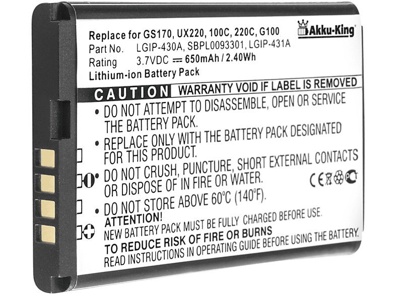 AKKU-KING Akku mit Handy-Akku, kompatibel Li-Ion Volt, 650mAh LGIP-430A 3.7 LG