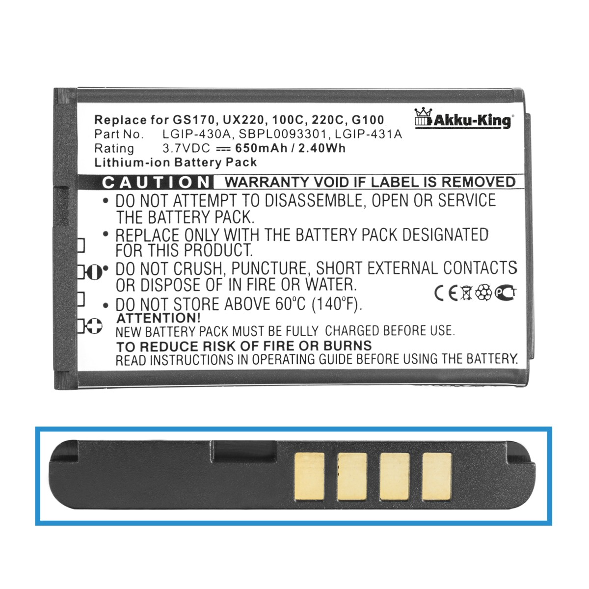 Volt, Handy-Akku, AKKU-KING LGIP-430A Akku 3.7 kompatibel 650mAh LG Li-Ion mit