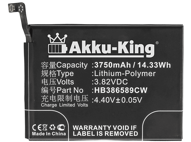 Li-Polymer Volt, HB386589CW AKKU-KING Handy-Akku, 3.8 3750mAh kompatibel mit Akku Huawei