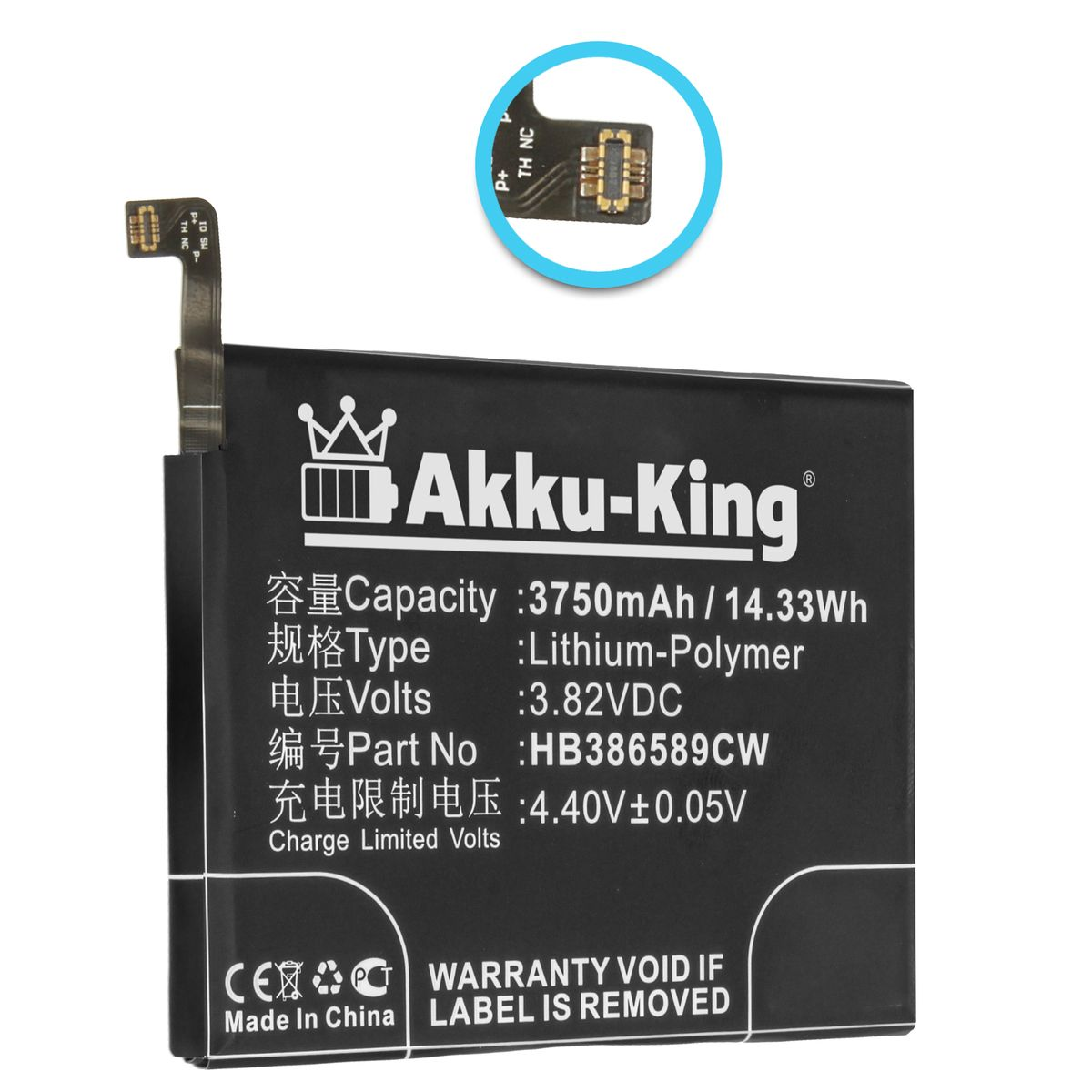 Li-Polymer Volt, HB386589CW AKKU-KING Handy-Akku, 3.8 3750mAh kompatibel mit Akku Huawei