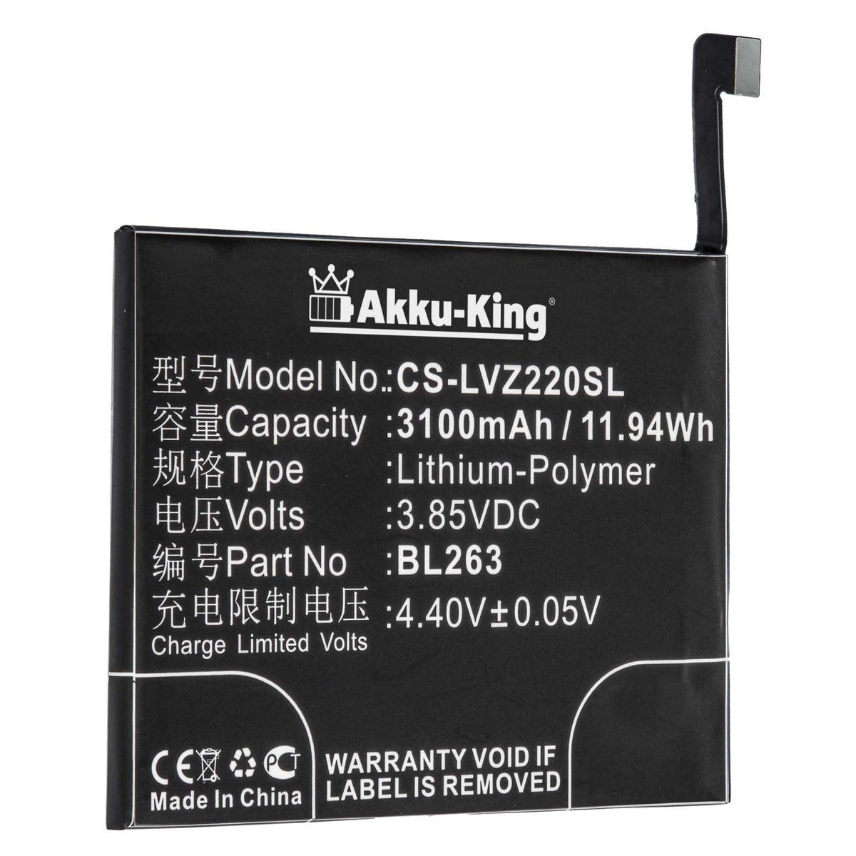 BL263 Handy-Akku, kompatibel Lenovo Li-Polymer 3100mAh Akku AKKU-KING mit Volt, 3.85