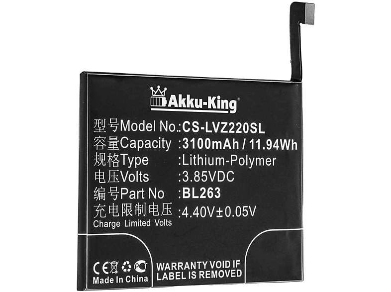 BL263 Handy-Akku, kompatibel Lenovo Li-Polymer 3100mAh Akku AKKU-KING mit Volt, 3.85