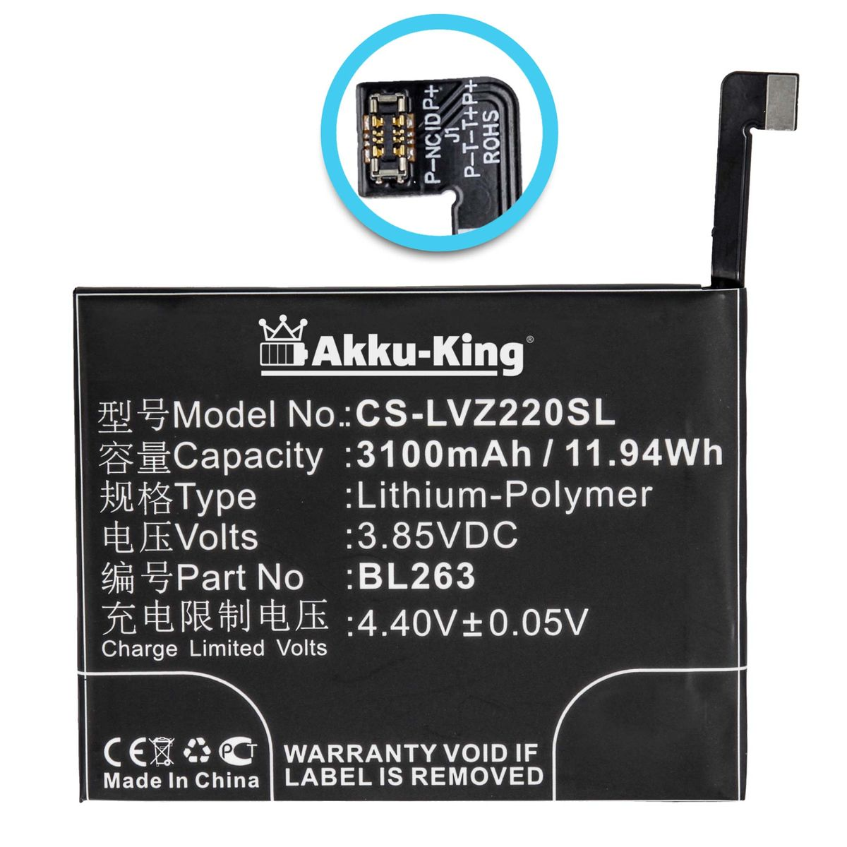 BL263 Handy-Akku, kompatibel Lenovo Li-Polymer 3100mAh Akku AKKU-KING mit Volt, 3.85